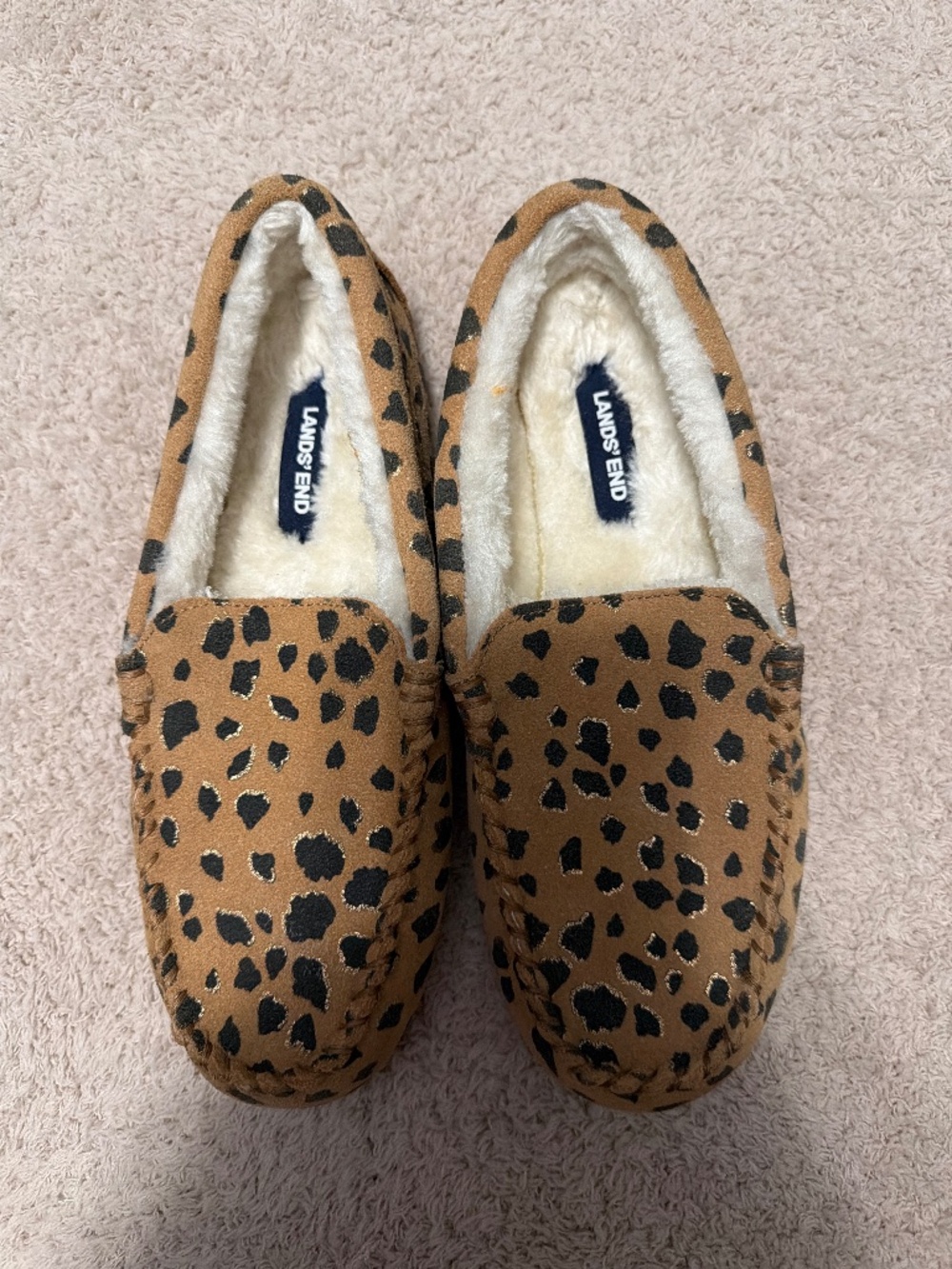 Lands' End Leopard Print Faux-Fur Lined Moccasin Slippers - Brown/Black SZ 7B